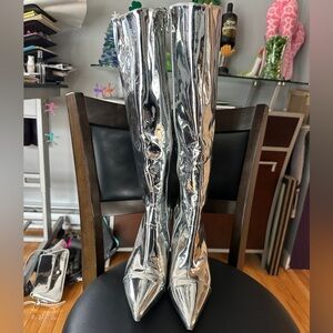 Silver Knee High Boots and Marching Handbag